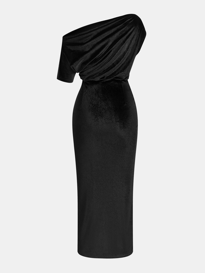 One-Shoulder Ruched Velvet Dress