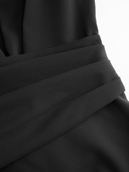 V-Neck Ruched Waist Slit Shirt Dress