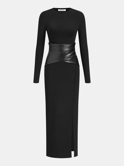 Faux Leather Wrap Waist Dress with Side Slit