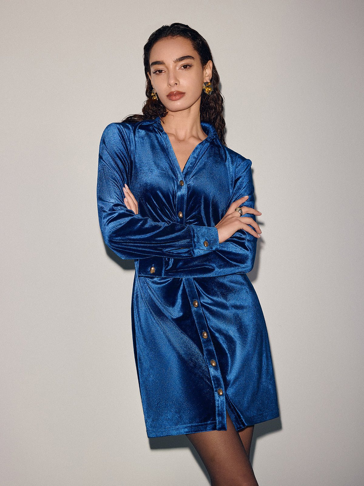 Ruched Velvet Shirt Dress