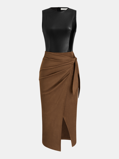 Faux Leather-Panel Tie-Waist Slit Dress