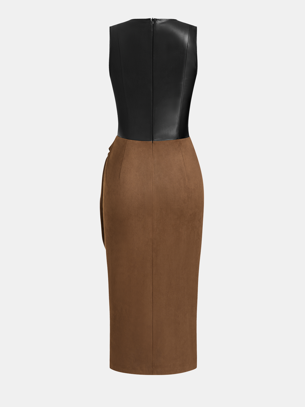 Faux Leather-Panel Tie-Waist Slit Dress