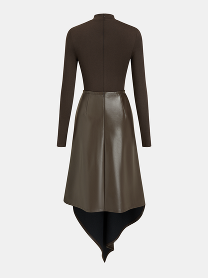 Faux Leather Paneled Knit Asymmetrical Dress