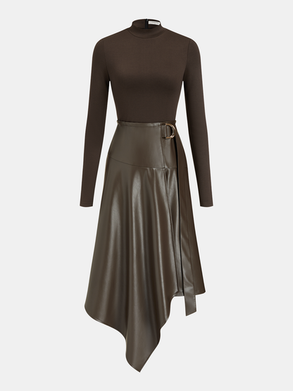Faux Leather Paneled Knit Asymmetrical Dress