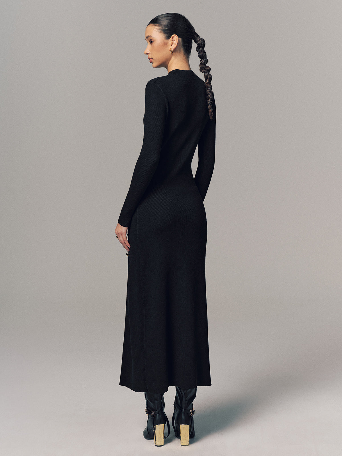 Side Button Slit Rib-Knit Maxi Dress