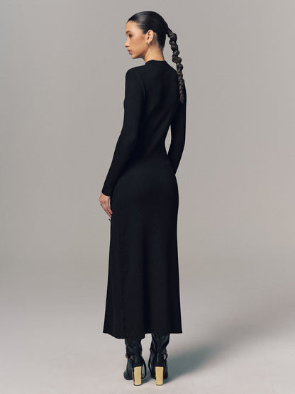 Side Button Slit Rib-Knit Maxi Dress