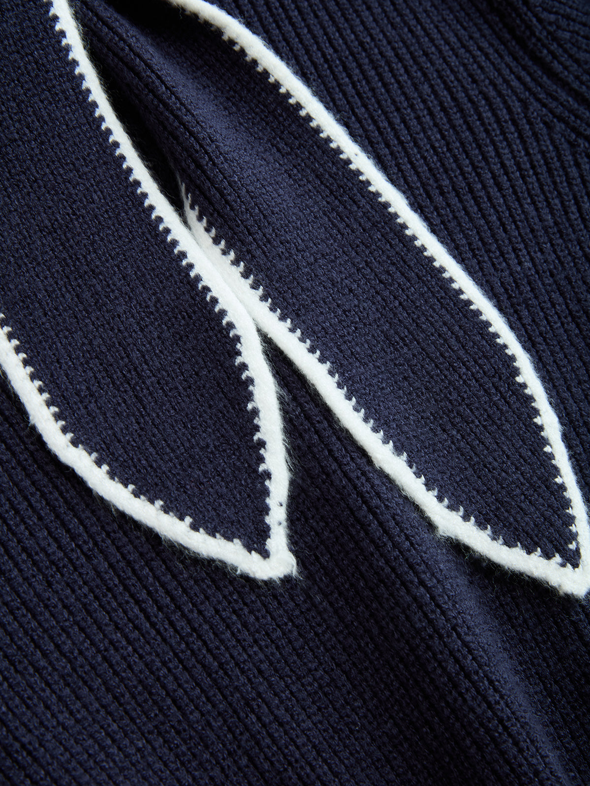 Contrast-Trim Tie-Neck Knit Midi Dress