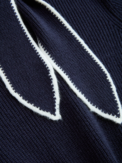 Contrast-Trim Tie-Neck Knit Midi Dress