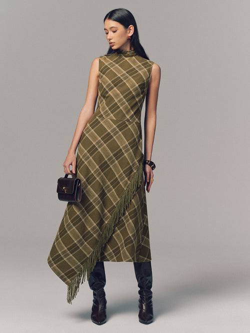 Plaid Fringe Sleeveless Cotton Maxi Dress