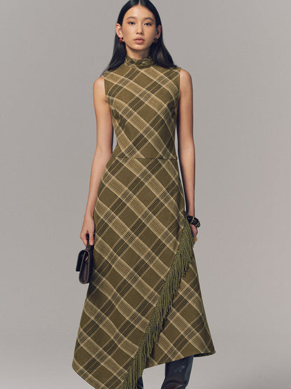 Plaid Fringe Sleeveless Cotton Maxi Dress