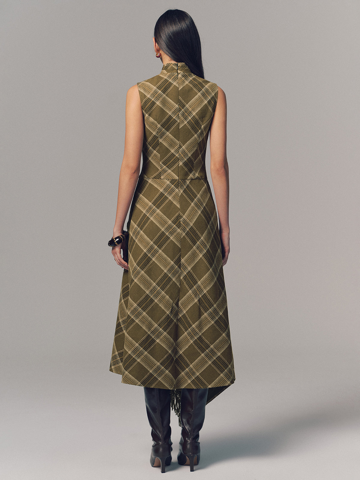 Plaid Fringe Sleeveless Cotton Maxi Dress