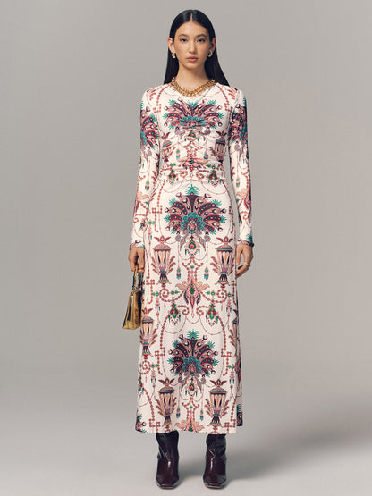 Ruched Printed Long-Sleeve Maxi Dress