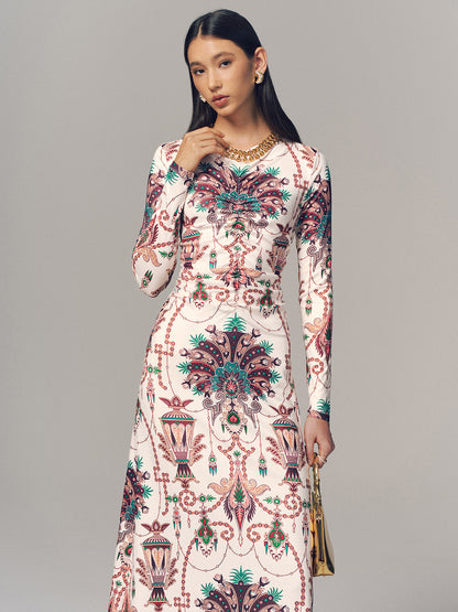 Ruched Printed Long-Sleeve Maxi Dress