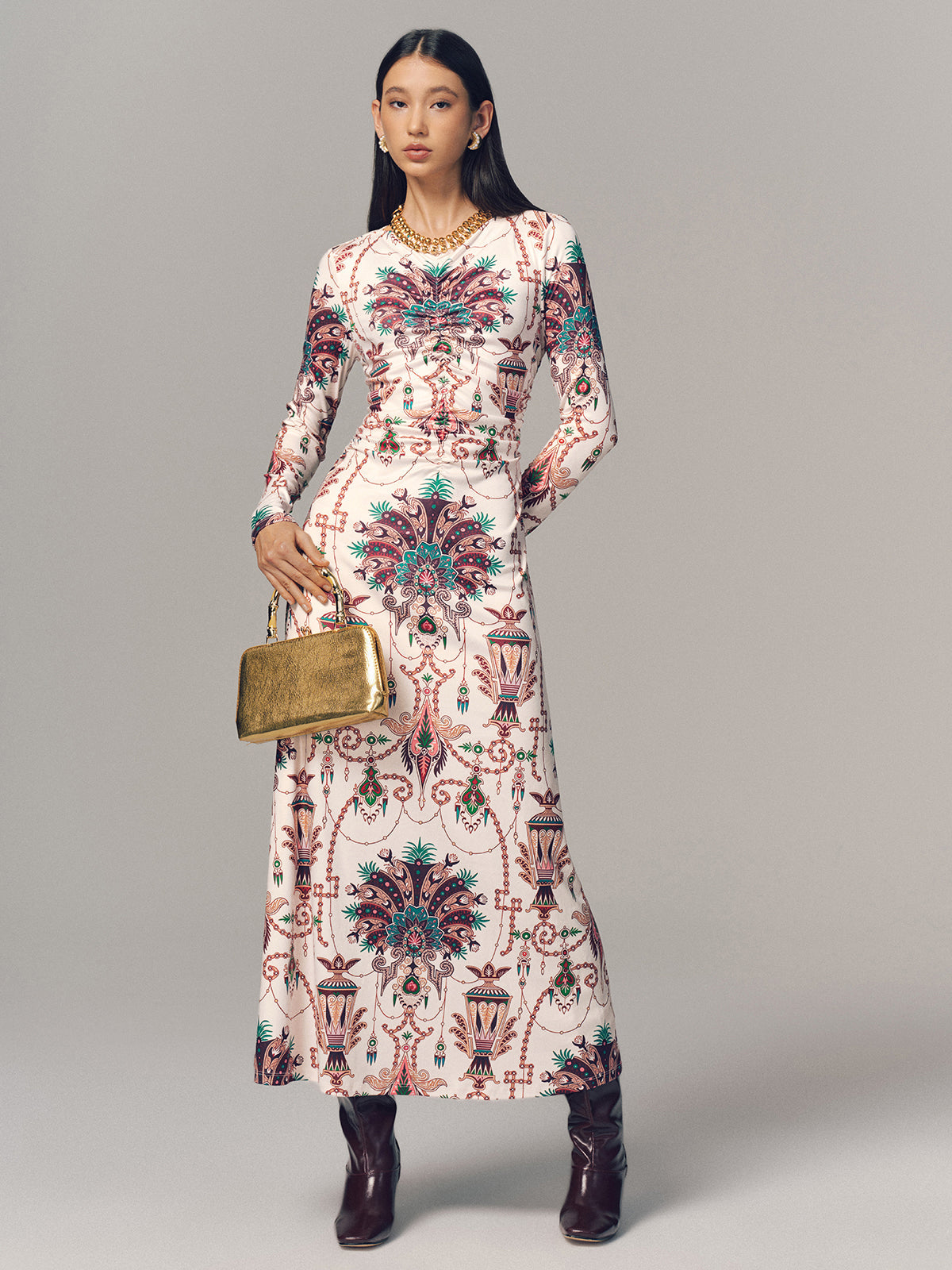 Ruched Printed Long-Sleeve Maxi Dress