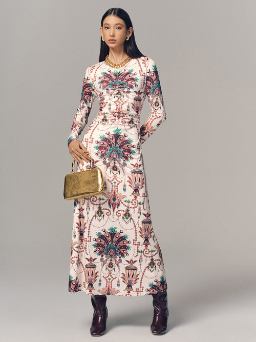 Ruched Printed Long-Sleeve Maxi Dress