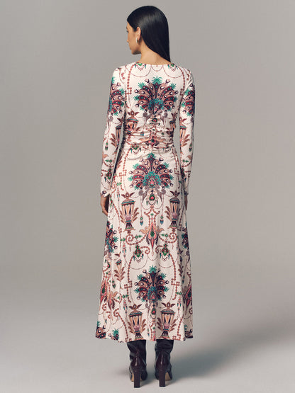 Ruched Printed Long-Sleeve Maxi Dress