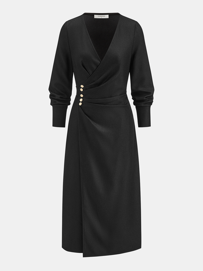 Wrap V-Neck Metal Detail Long Sleeve Maxi Dress