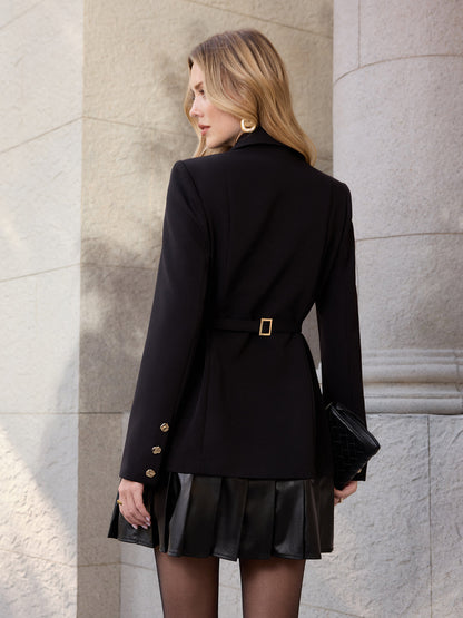 Faux Leather Pleated Hem Blazer Dresse