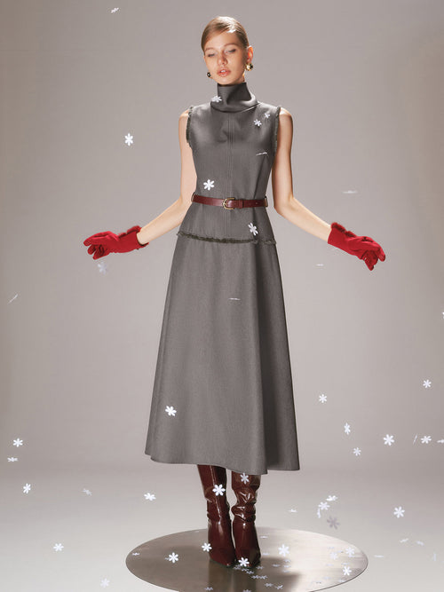 Belted Turtleneck Sleeveless Maxi Dress