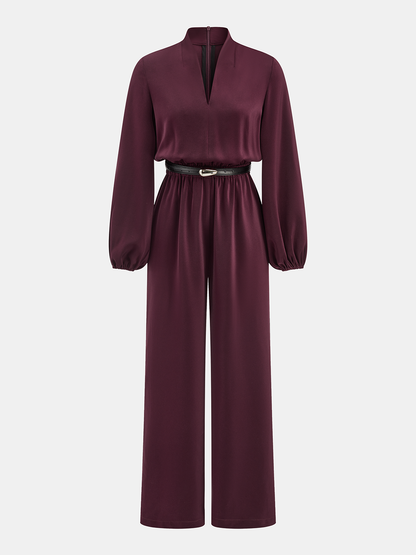 Belted V-Neck Satin Jumpsuit