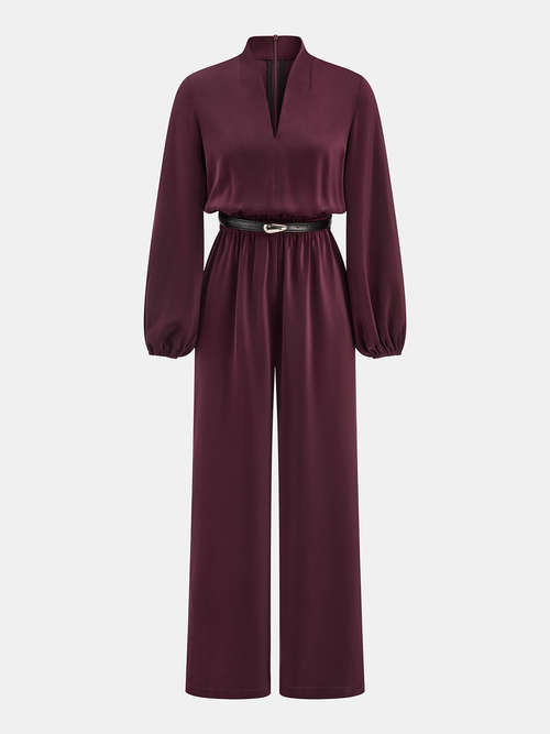 Belted V-Neck Satin Jumpsuit