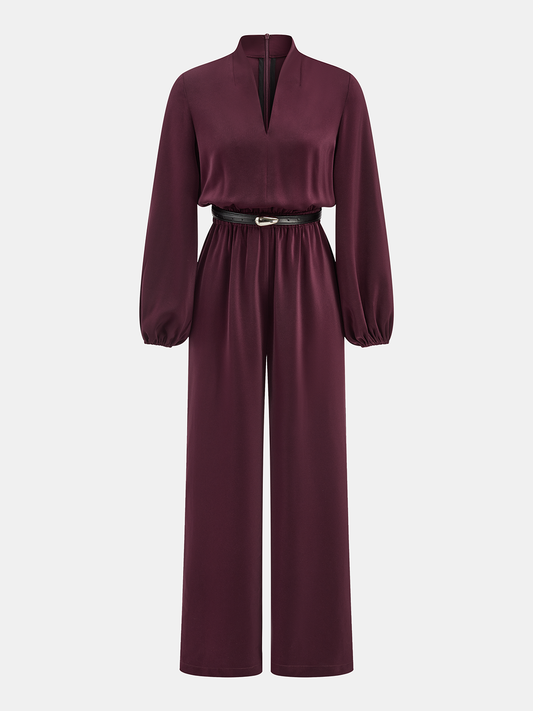 Belted V-Neck Satin Jumpsuit