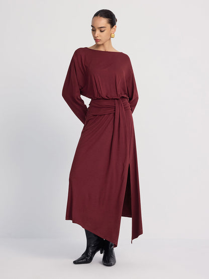 Long Sleeve Ruched Slit Maxi Dress
