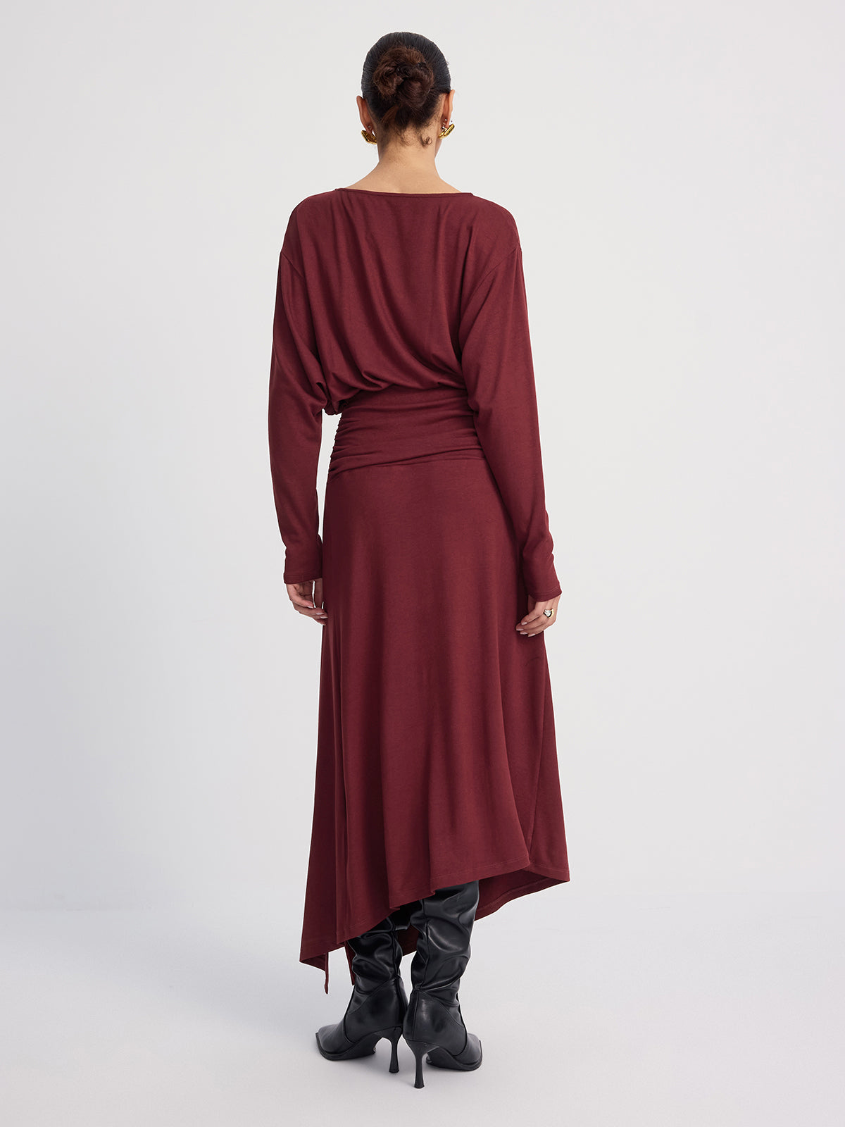 Long Sleeve Ruched Slit Maxi Dress