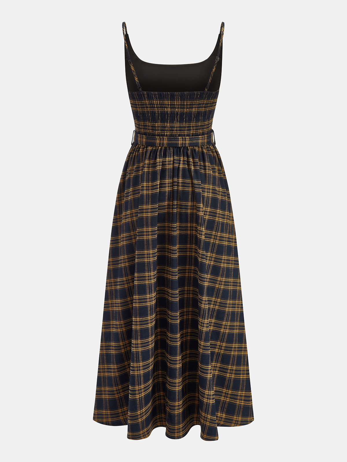 Plaid Smocked Bodice Belted Midi Dress