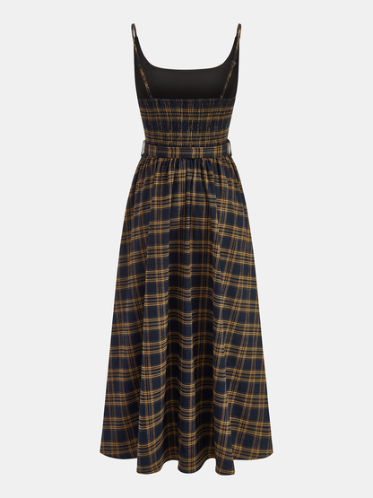 Plaid Smocked Bodice Belted Midi Dress