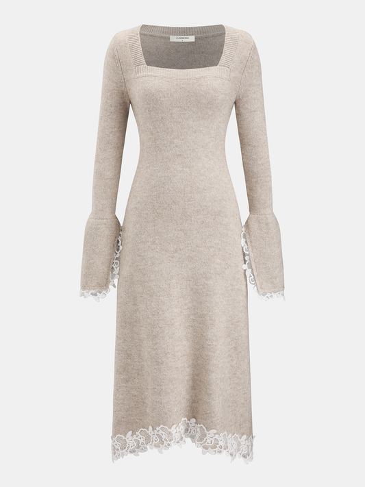 Wool-Blend Lace-Trim Square-Neck Dress