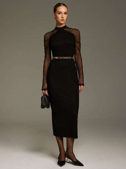 Mesh-Sleeve Knit Maxi Dress without Chain