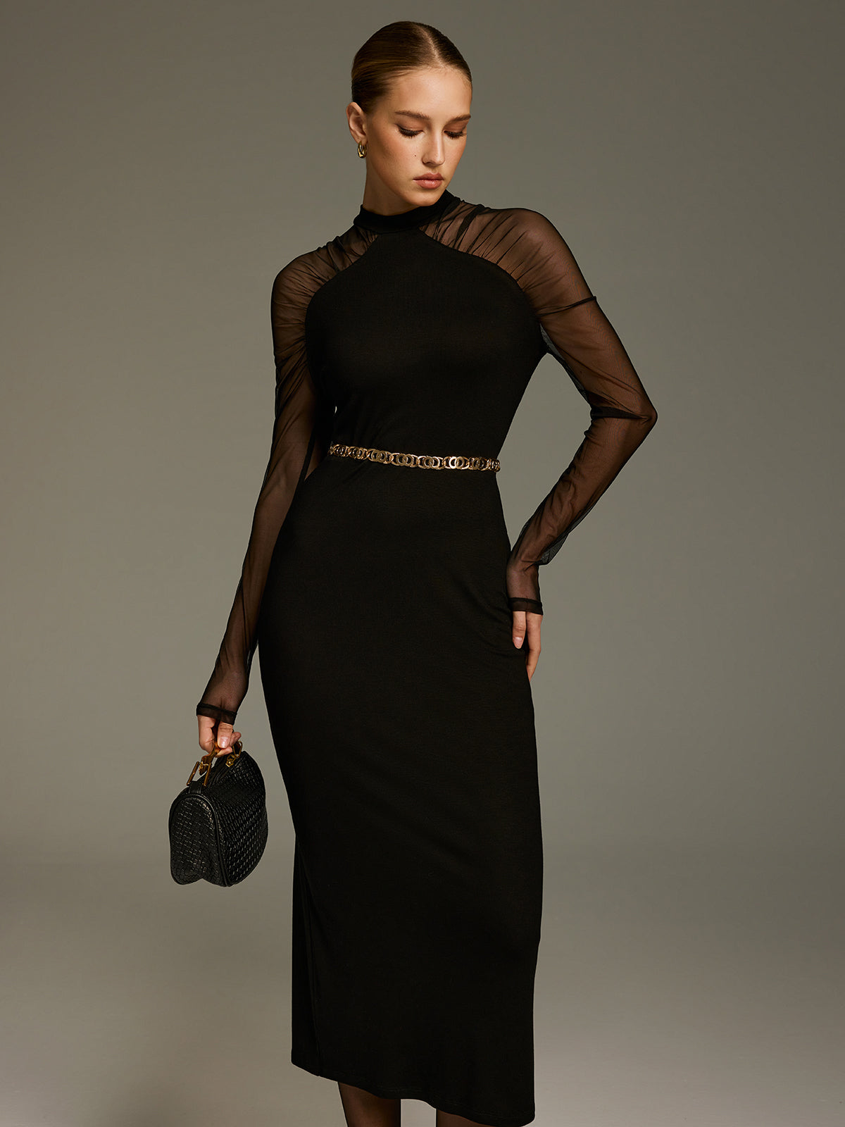 Mesh-Sleeve Knit Maxi Dress without Chain