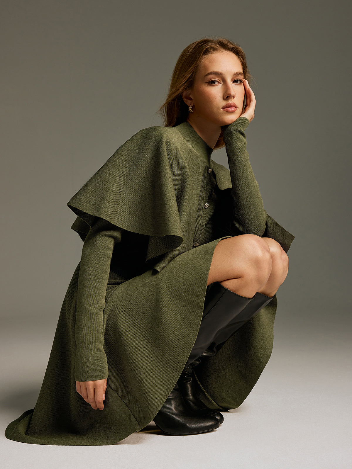 Capelet-Style Button-Front Belted Midi Dress