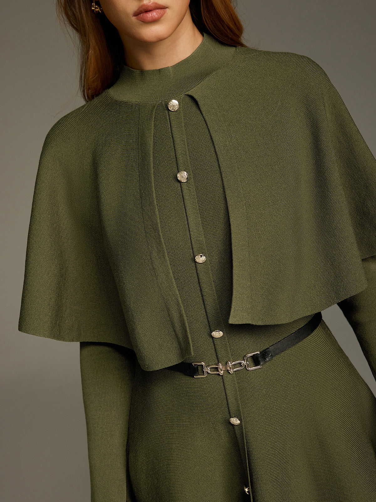 Capelet-Style Button-Front Belted Midi Dress