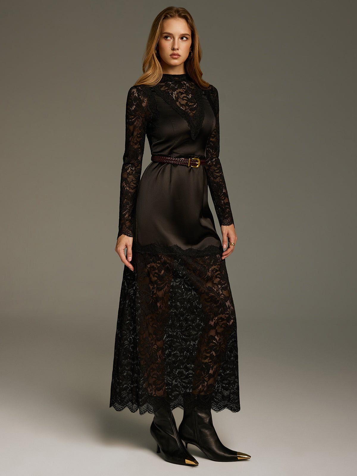Satin-Lace Paneled Maxi Dress without Belt