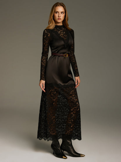 Satin-Lace Paneled Maxi Dress without Belt