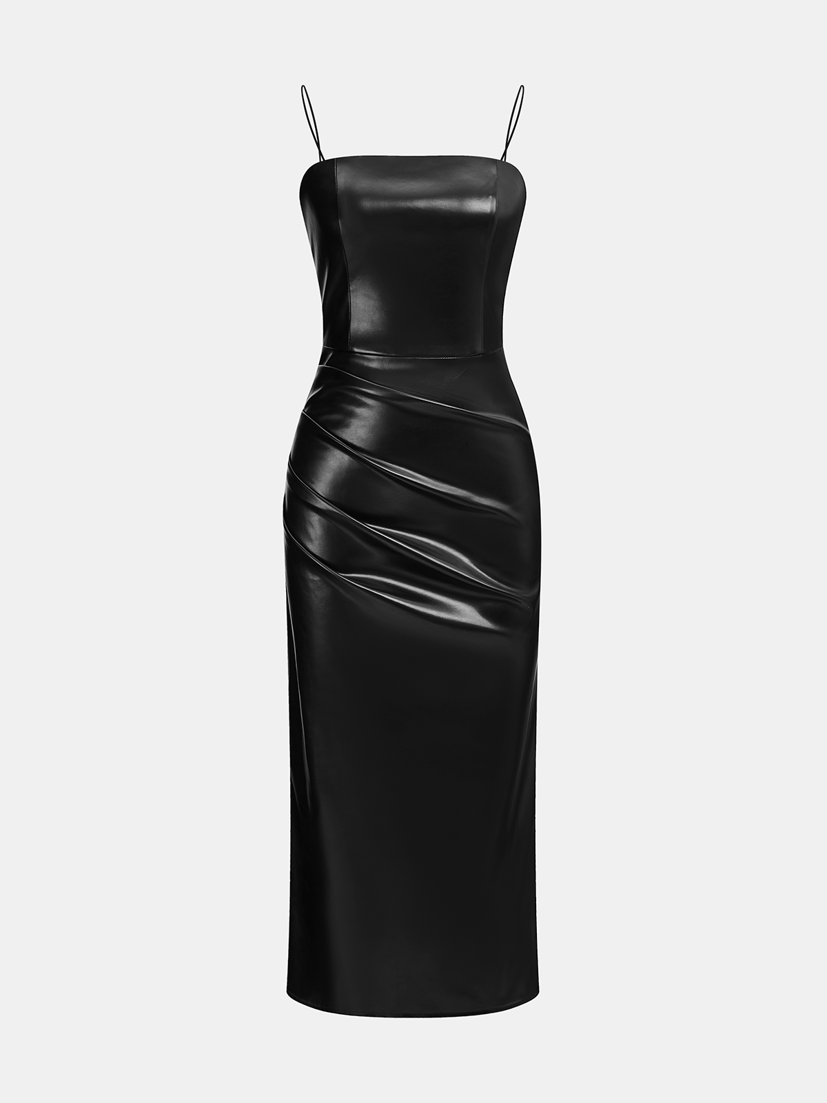 Faux Leather Ruched Cami Midi Dress