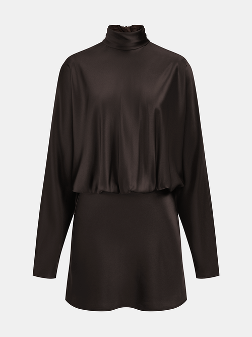 Draped Satin Tie-Neck Mini Dress