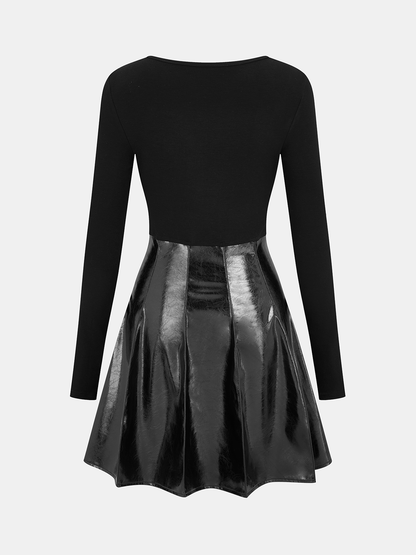 Pleated Faux Leather Panel Long-Sleeve Dress