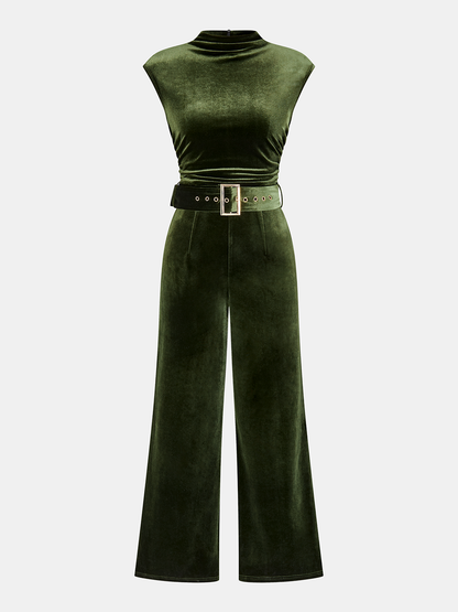 Velvet Sleeveless Belted Wide-Leg Jumpsuit