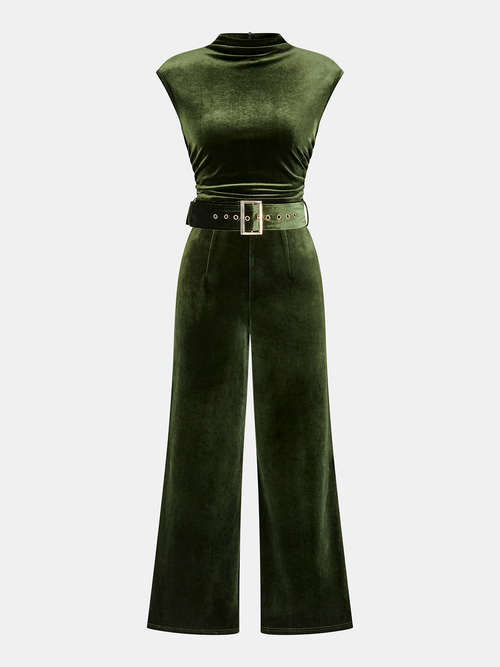 Velvet Sleeveless Belted Wide-Leg Jumpsuit