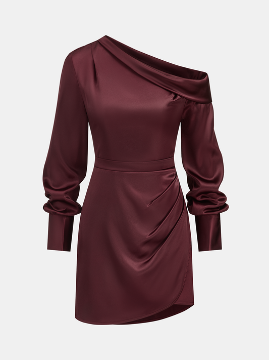 Satin Off-Shoulder Long Sleeve Ruched Dress