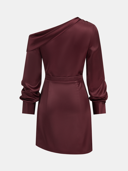 Satin Off-Shoulder Long Sleeve Ruched Dress