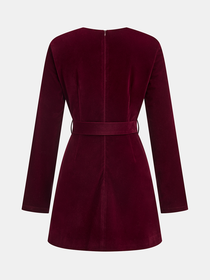 Pleated Panel Velvet Mini Dress with Belt