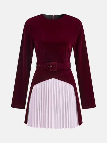 Pleated Panel Velvet Mini Dress with Belt