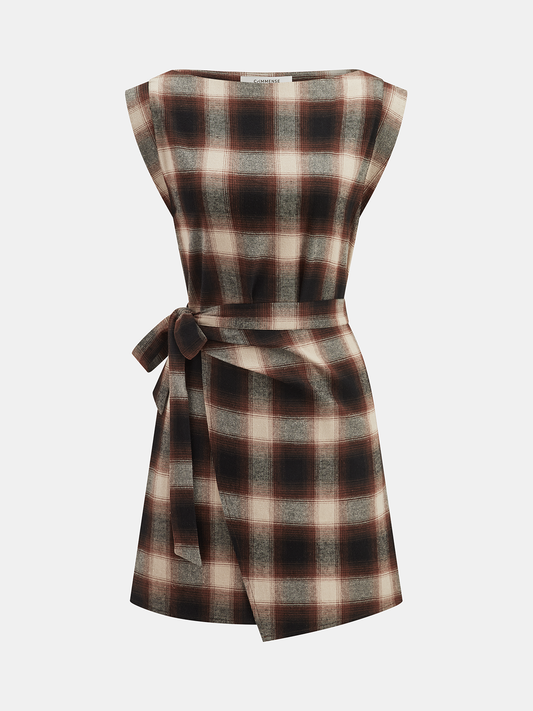 Plaid Cotton Sleeveless Tie-Waist Wrap Dress