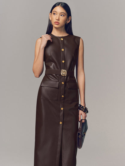 Belted Metal Button Faux Leather Sleeveless Maxi Dress