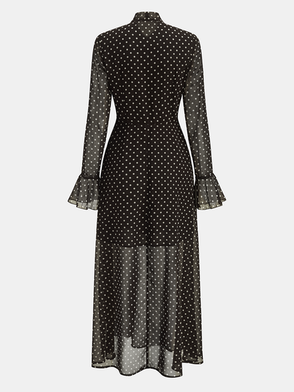 Polka Dot Chiffon Tie-Neck Flared Cuff Maxi Dress