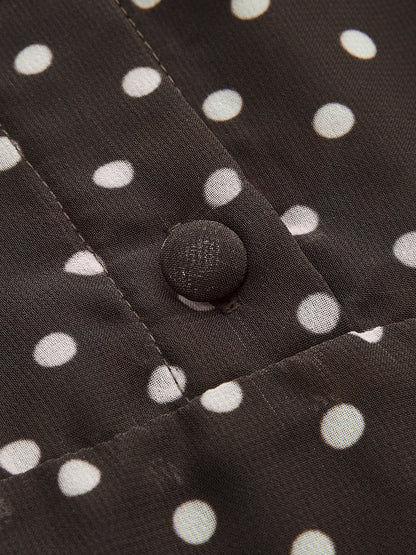 Polka Dot Chiffon Tie-Neck Flared Cuff Maxi Dress